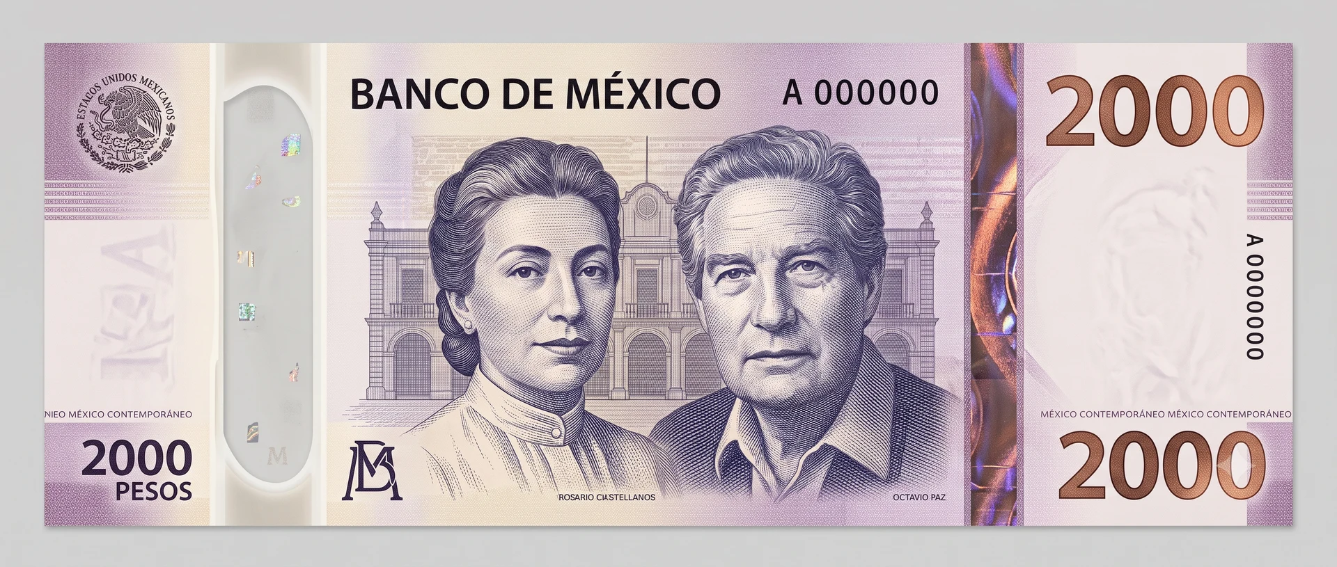 Diseño conceptual del anverso del billete de 2,000 pesos mexicano con retratos de Octavio Paz y Rosario Castellanos en grabado fino violeta. Diseño hipotético basado en el plano oficial de Banxico Familia G, no es moneda en circulación.