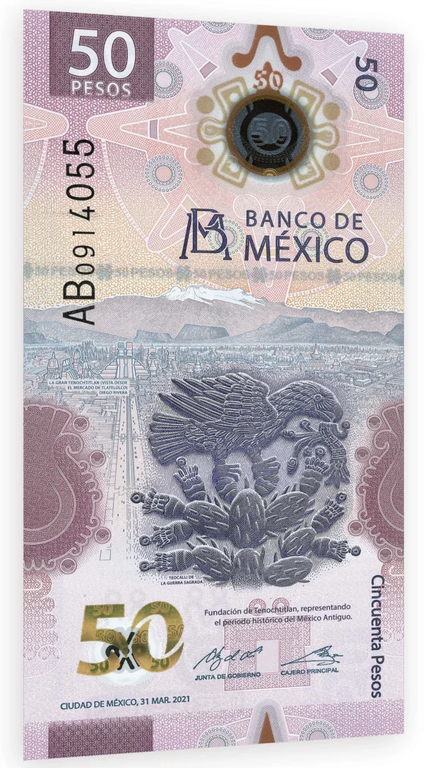 Anverso del billete de 50 pesos Familia G de Banxico, periodo histórico del México antiguo, con águila, nopal y símbolo Metztli