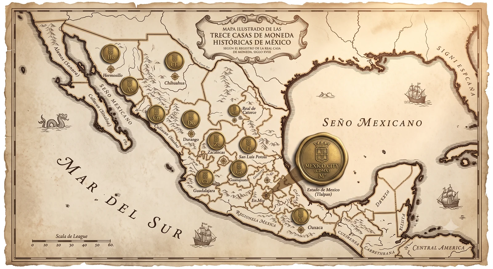 Mapa de las 13 casas de moneda historicas de Mexico