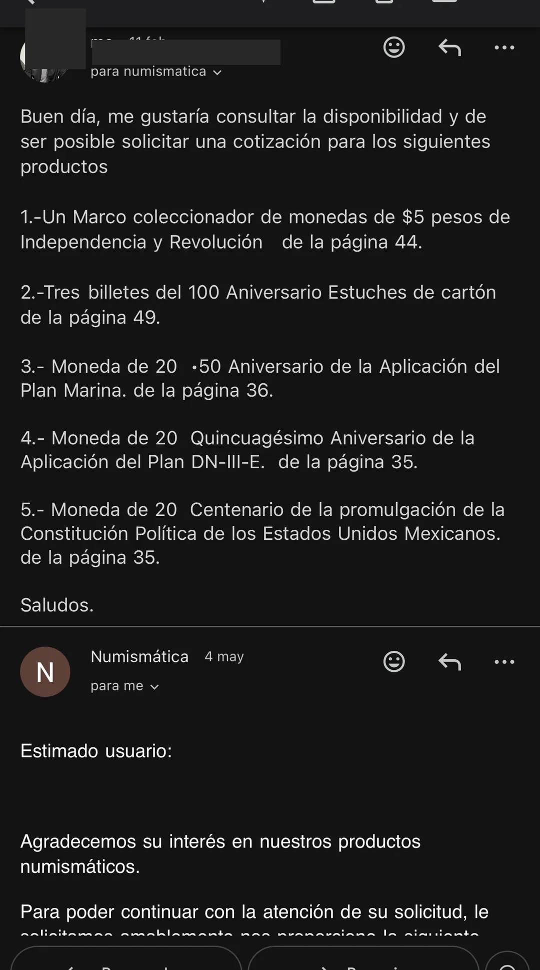 Correo enviado el 11 de febrero de 2026 a la Oficina de Comercialización Numismática de Banxico, solicitud de cotización para 5 productos del catálogo oficial Casa de Moneda