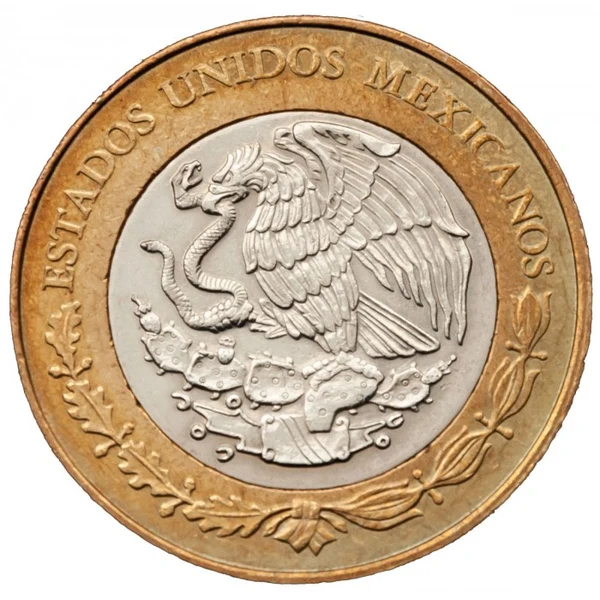 Anverso circular de moneda mexicana familia C con Escudo Nacional acuñado en Casa de Moneda