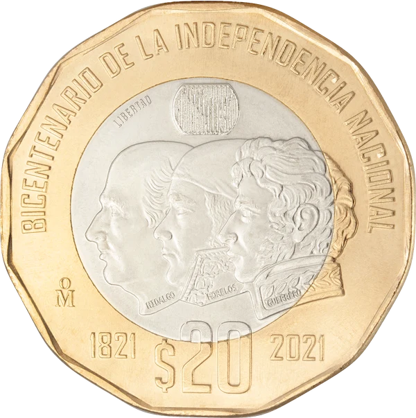 Moneda de 20 pesos Bicentenario de la Independencia 2021 reverso con Hidalgo Morelos y Guerrero acuñada por Banxico