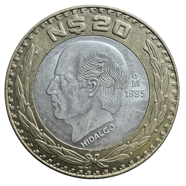 Moneda de 20 nuevos pesos Hidalgo 1995 con núcleo de plata 0.925 ley pieza clave numismática mexicana