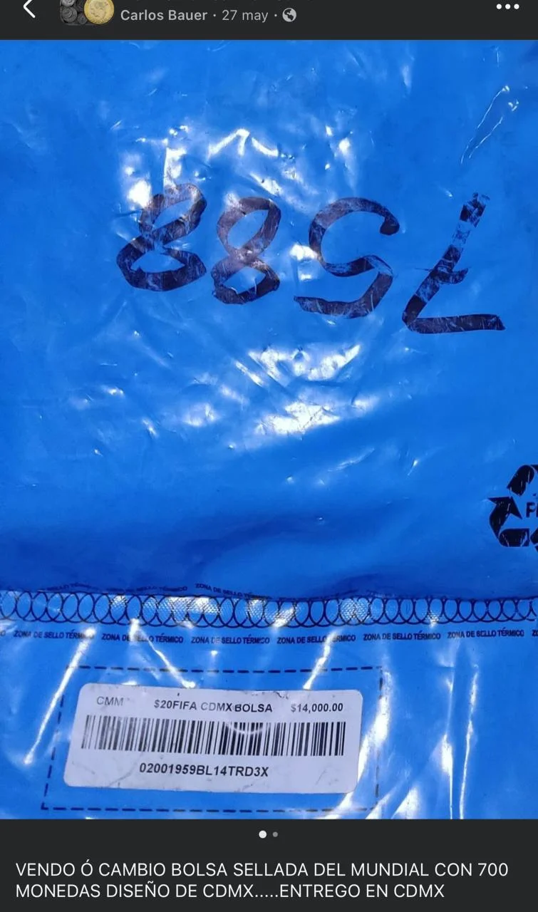 Bolsa sellada Casa de Moneda México con 700 piezas de 20 pesos Mundial 2026 sede CDMX, etiqueta original CMM $20 FIFA CDMX BOLSA $14,000