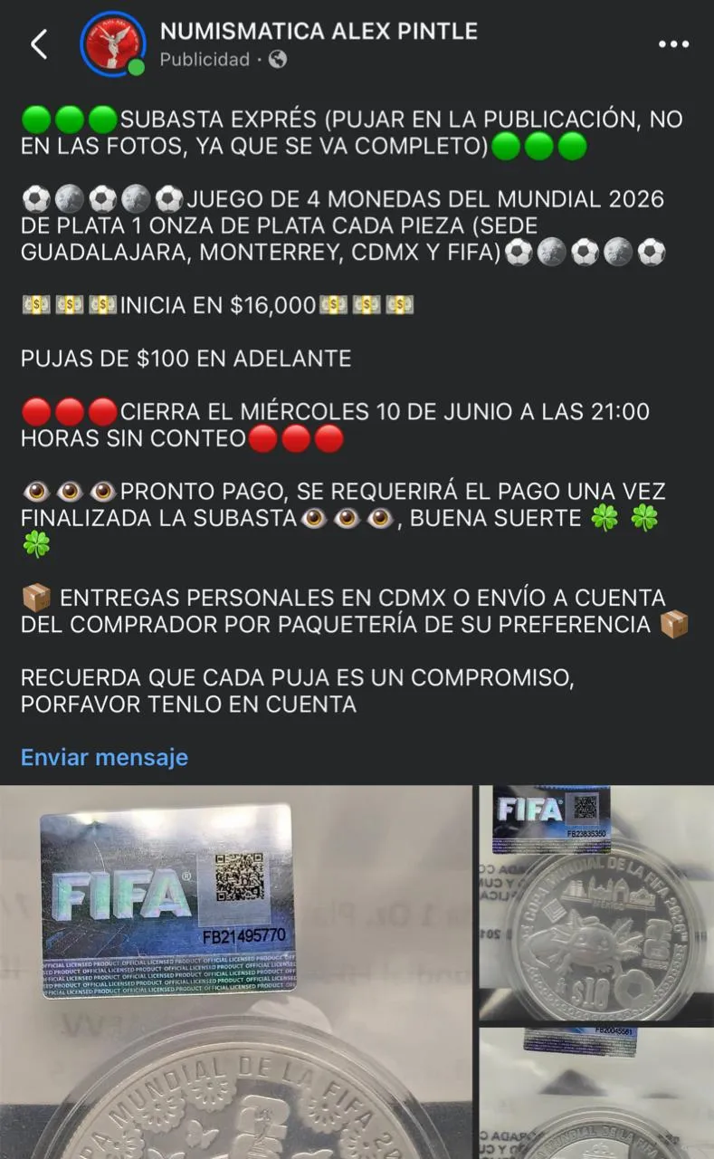 Numismática Alex Pintle subasta exprés: juego completo 4 monedas plata Mundial 2026, inicia 16,000 pesos, cierra 10 junio 21:00, entregas CDMX