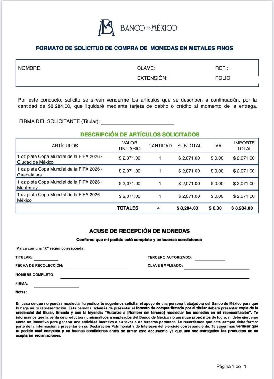 Formato interno Banxico para empleados: solicitud de compra de monedas en metales finos, set 4 onzas plata Mundial 2026, total $8,284 MXN, IVA 0%