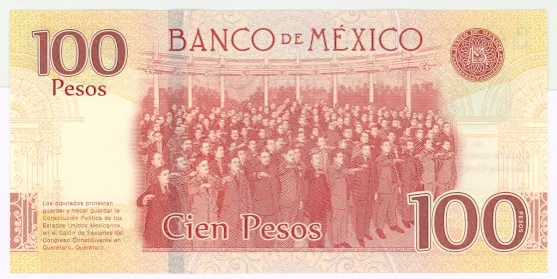 Reverso del Billete de 100 pesos de Venustiano Carranza (2016)