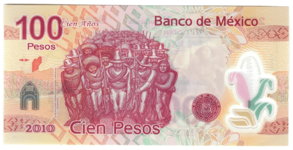 Reverso del billete de 100 pesos con el mural de Siqueiros