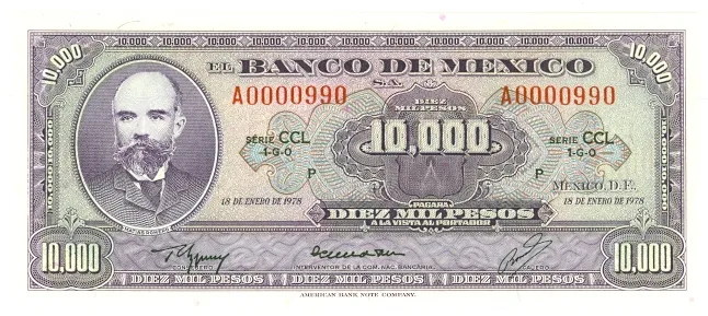Anverso del Billete de 10,000 pesos (1978)