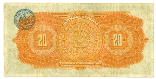 Reverso del Billete de 20 pesos (1915)