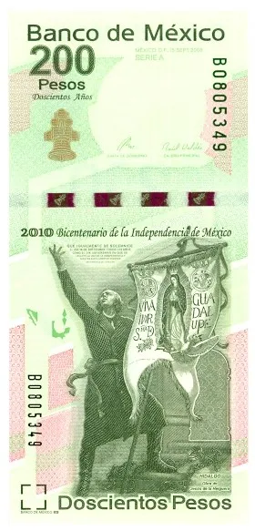 Billete de 200 pesos conmemorativo del Bicentenario de la Independencia, con Miguel Hidalgo y el estandarte insurgente