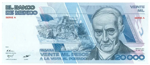 Anverso del Billete de 20,000 pesos (1985)