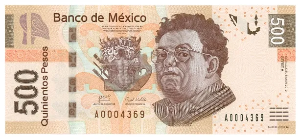 Billete de 500 pesos de Diego Rivera y Frida Kahlo, considerado uno de los más bellos del mundo