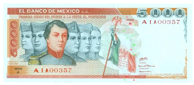 Anverso del Billete de 5,000 pesos (1980)
