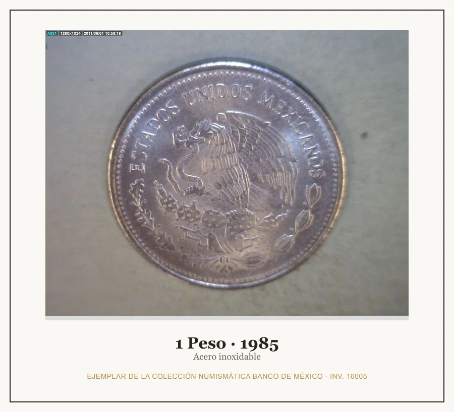 1 Peso · 1985 — Ejemplar de la Colección Numismática Banco de México, inv. 16005
