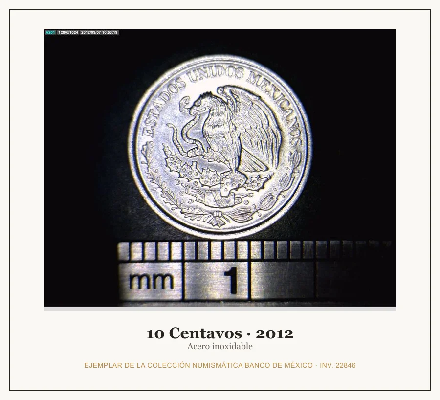 10 Centavos · 2012 — Ejemplar de la Colección Numismática Banco de México, inv. 22846