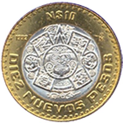 10 Nuevos Pesos Hidalgo Centro de Plata 1992
