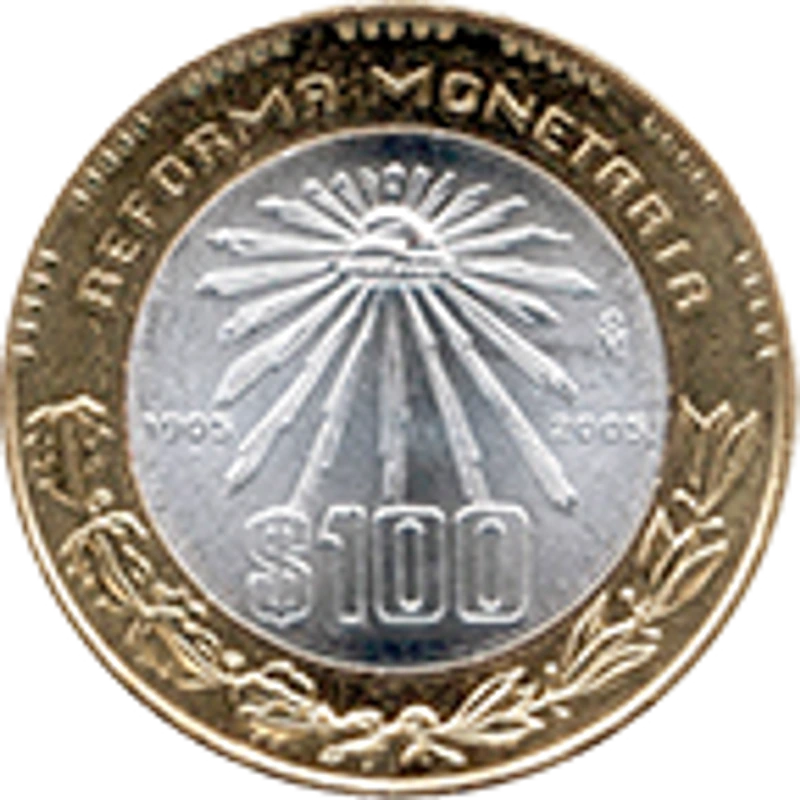 Moneda 100 pesos 100 aniversario de la Reforma Monetaria de 1905 — reverso