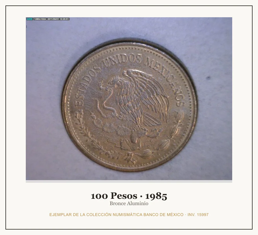 100 Pesos · 1985 — Ejemplar de la Colección Numismática Banco de México, inv. 15997