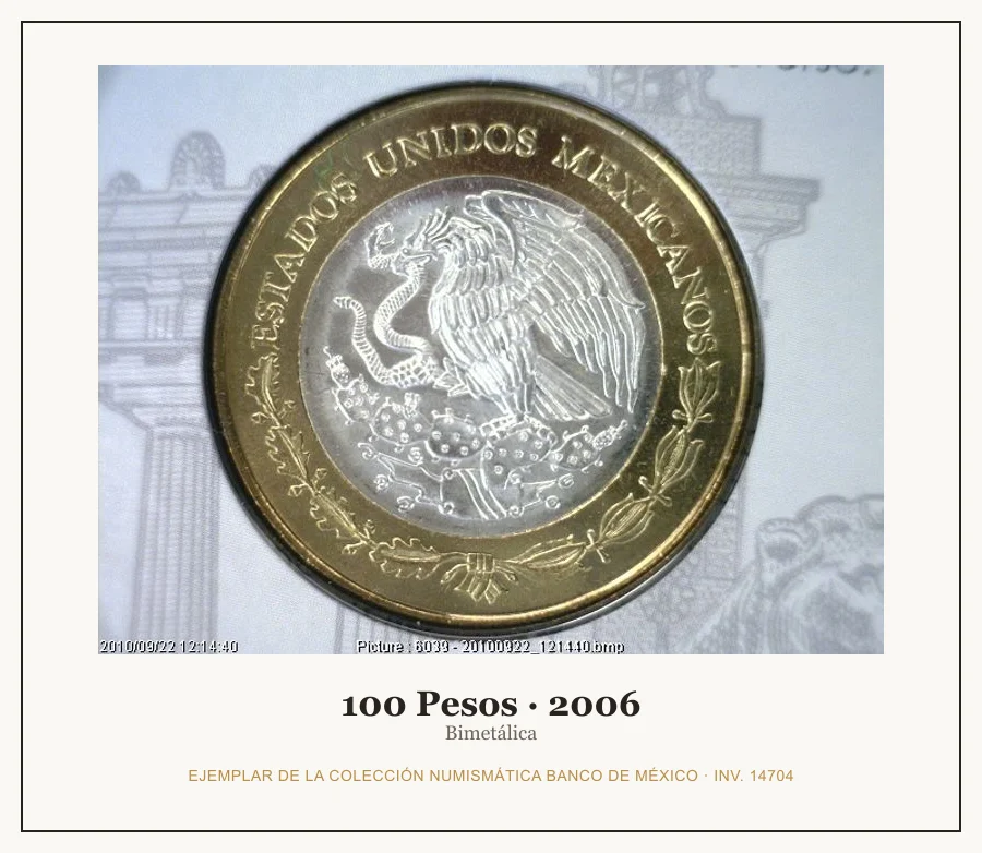 Moneda destacada de la serie Conmem 100 Pesos Bicentenario Natalicio Benito Juarez Garcia