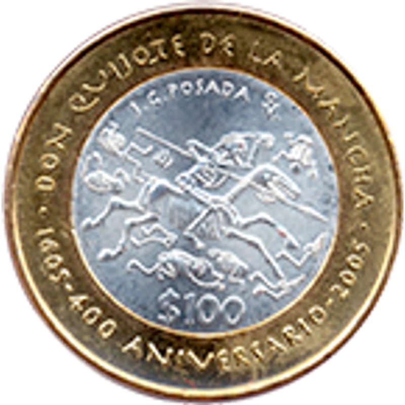 Moneda 100 pesos 400 aniversario de la primera edición de la obra literaria "El Ingenioso Hidalgo Don Quijote de la Mancha" de Miguel de Cervantes Saavedra — reverso