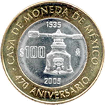 Moneda 100 pesos 470 aniversario de la Casa de Moneda de México — reverso