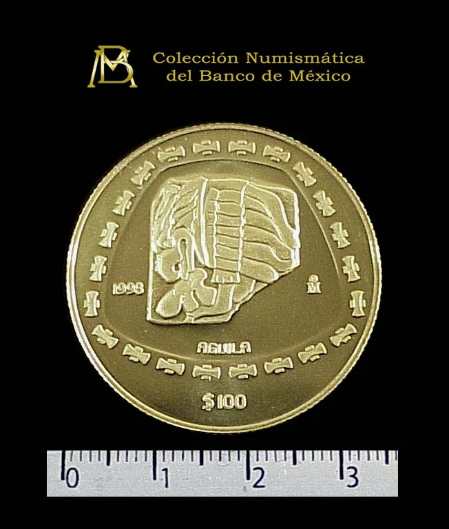 100 Pesos Precolombina, Colección Teotihuacán, serpiente emplumada. Una onza 1998 Proof · Reverso