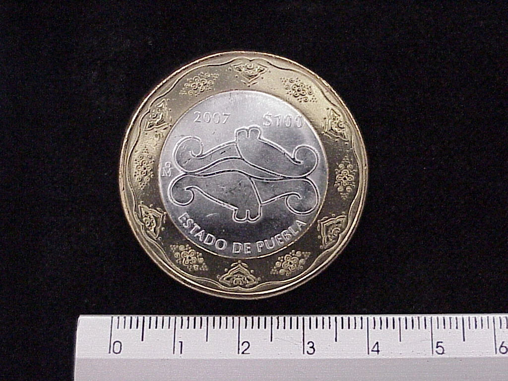 100 Pesos Unión de los Estados Puebla segunda etapa cultural 2007 · Inventario Banxico 21551 (reverso)