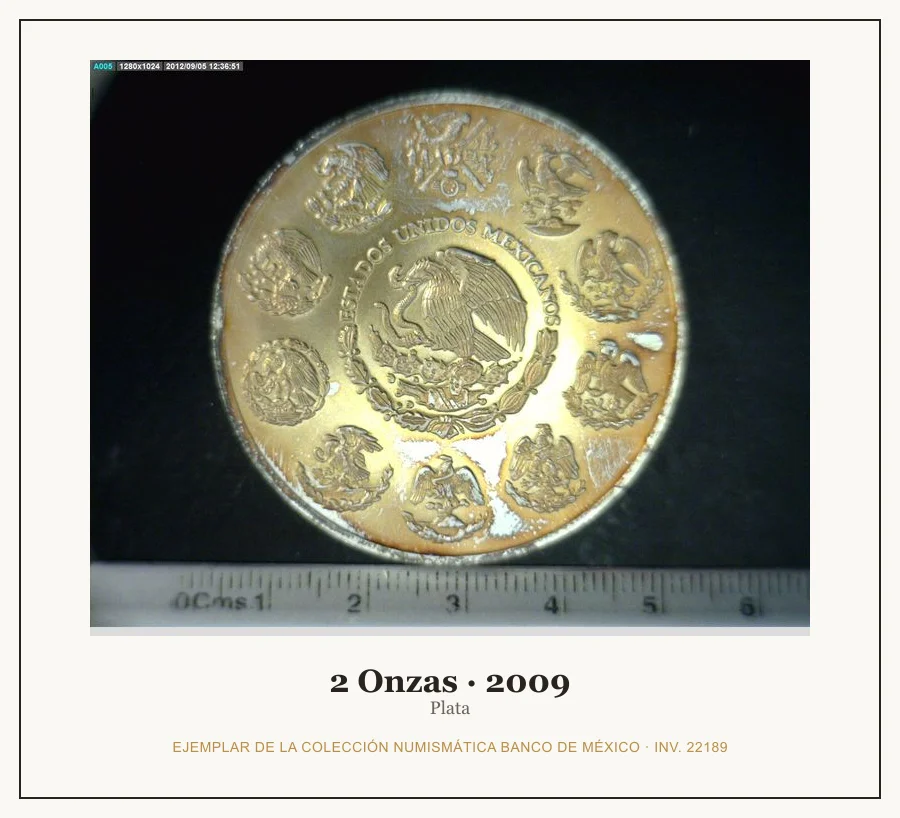 2 Onzas · 2009 — Ejemplar de la Colección Numismática Banco de México, inv. 22189