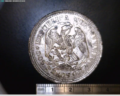 2 Pesos Plata · Guerrero. Reforma, Libertad, Justicia y Ley, oro: 0.595. Anv · 1914