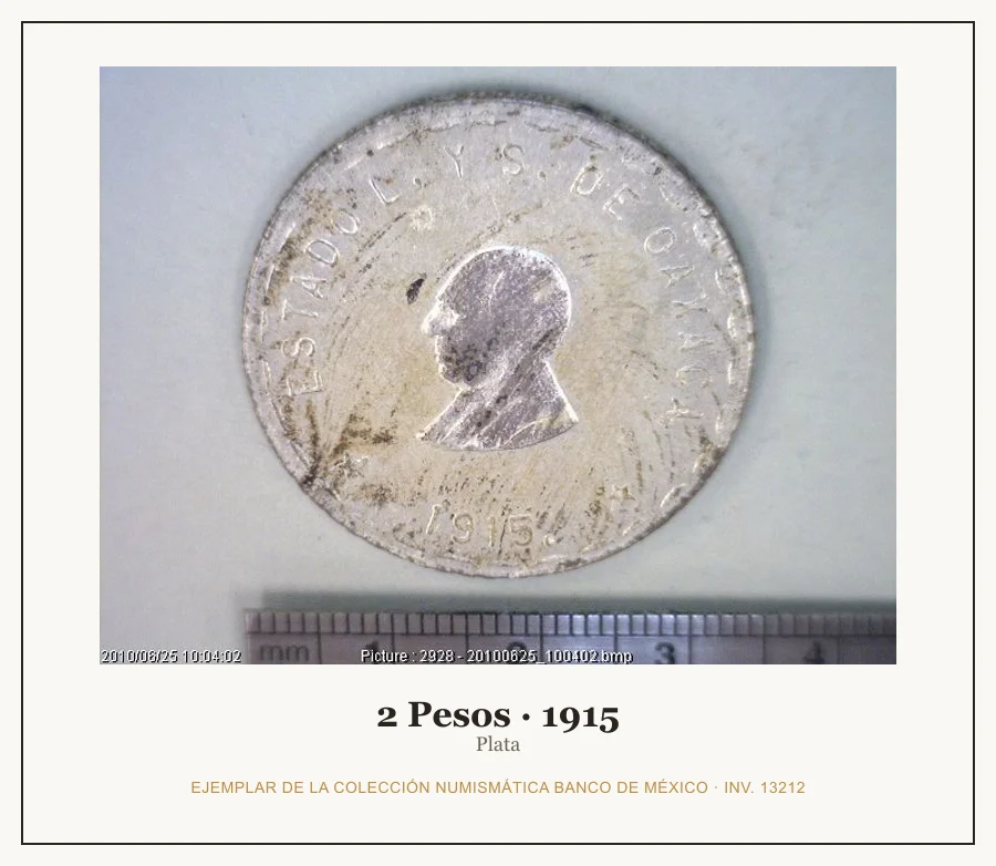 2 Pesos · 1915 — Ejemplar de la Colección Numismática Banco de México, inv. 13212