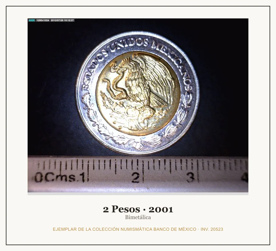 2 Pesos · 2001 — Ejemplar de la Colección Numismática Banco de México, inv. 20523