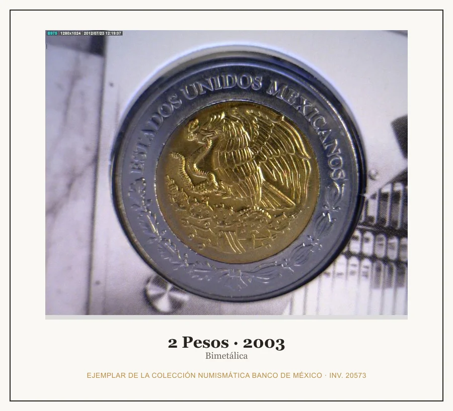 2 Pesos · 2003 — Ejemplar de la Colección Numismática Banco de México, inv. 20573