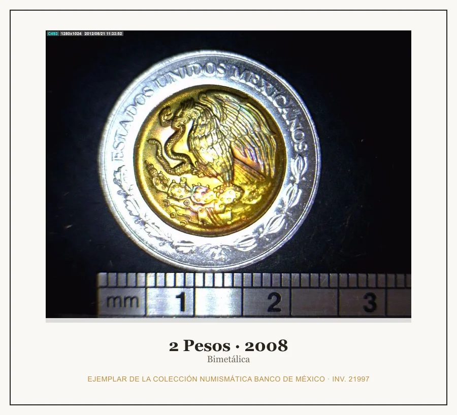 2 Pesos · 2008 — Ejemplar de la Colección Numismática Banco de México, inv. 21997