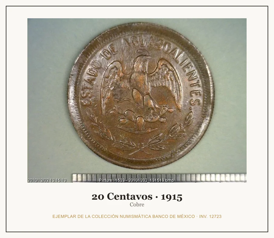Moneda destacada de la serie Misc 20 Centavos Cobre Revolucion Mexi