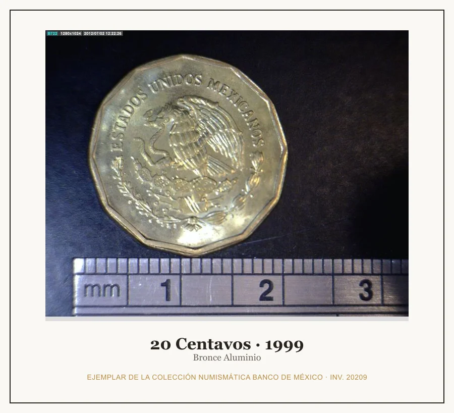 20 Centavos · 1999 — Ejemplar de la Colección Numismática Banco de México, inv. 20209