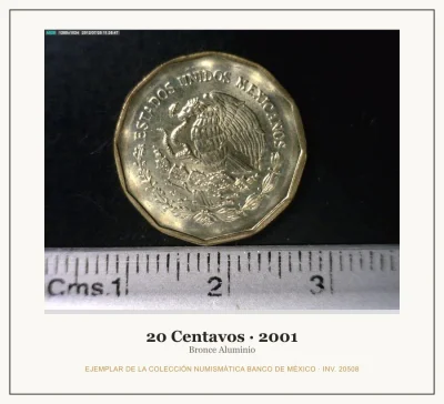 20 Centavos · 2001 — Ejemplar de la Colección Numismática Banco de México, inv. 20508