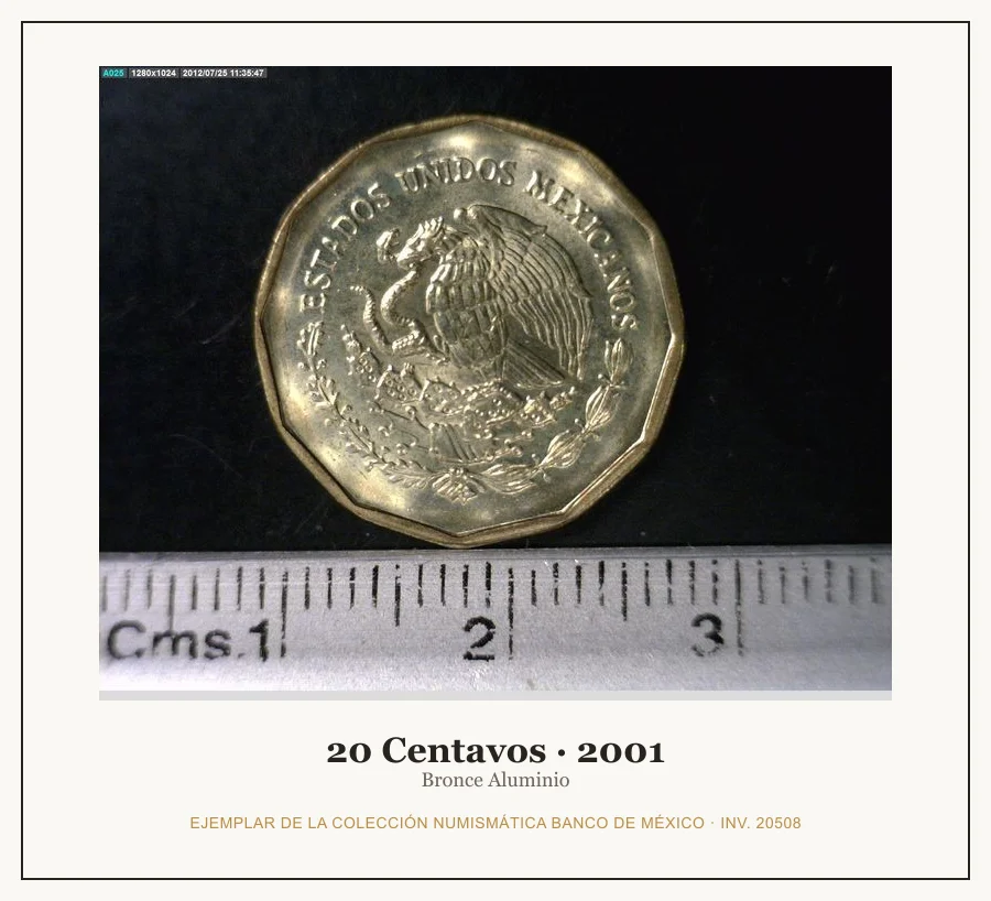 20 Centavos · 2001 — Ejemplar de la Colección Numismática Banco de México, inv. 20508