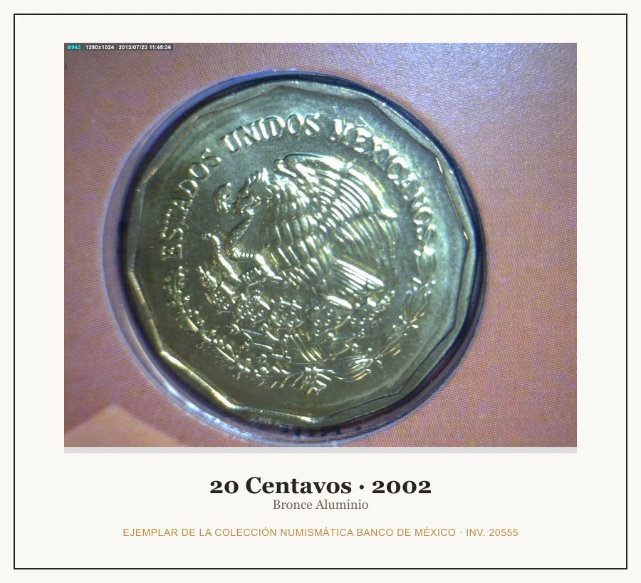 20 Centavos · 2002 — Ejemplar de la Colección Numismática Banco de México, inv. 20555