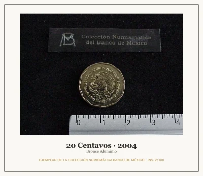 20 Centavos · 2004 — Ejemplar de la Colección Numismática Banco de México, inv. 21180