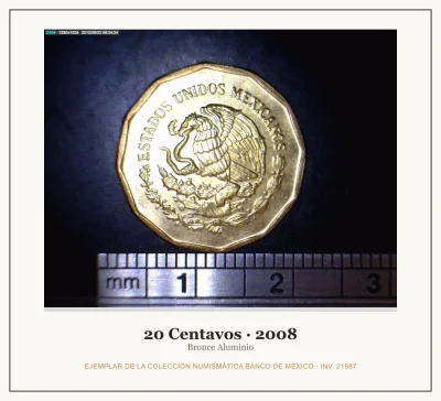 20 Centavos · 2008 — Ejemplar de la Colección Numismática Banco de México, inv. 21987