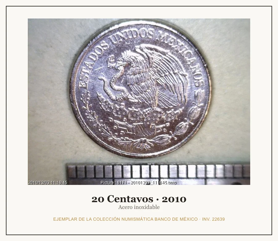 20 Centavos · 2010 — Ejemplar de la Colección Numismática Banco de México, inv. 22639