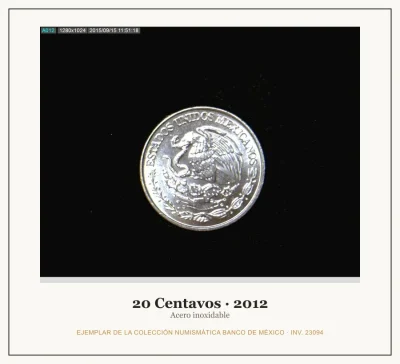 20 Centavos · 2012 — Ejemplar de la Colección Numismática Banco de México, inv. 23094