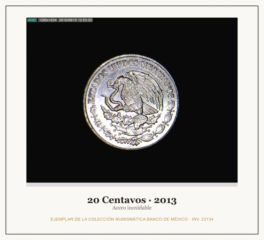 20 Centavos · 2013 — Ejemplar de la Colección Numismática Banco de México, inv. 23134