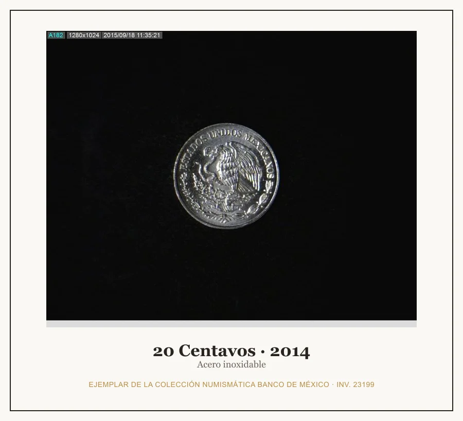 20 Centavos · 2014 — Ejemplar de la Colección Numismática Banco de México, inv. 23199