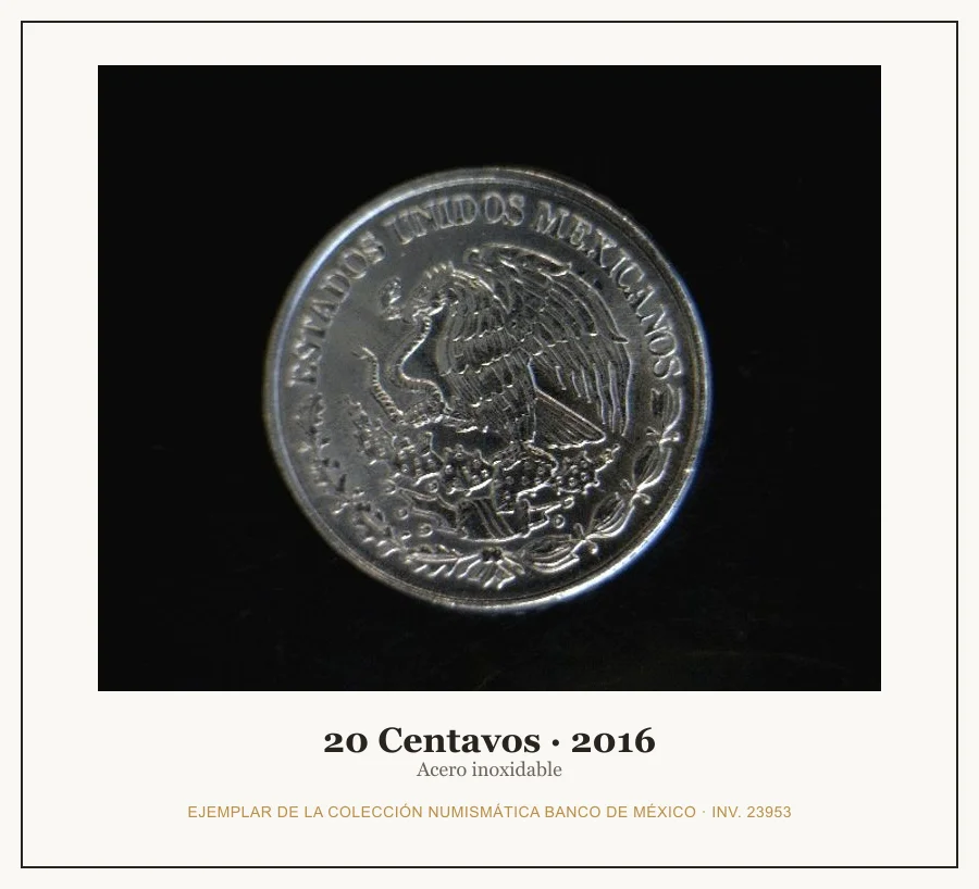 20 Centavos · 2016 — Ejemplar de la Colección Numismática Banco de México, inv. 23953