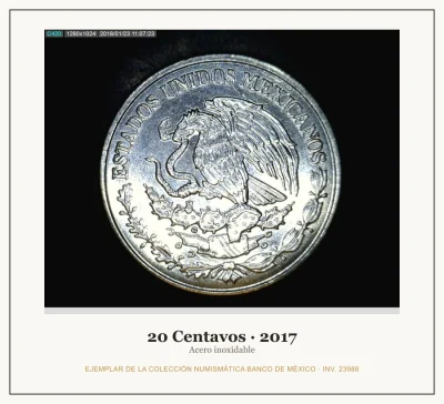 20 Centavos · 2017 — Ejemplar de la Colección Numismática Banco de México, inv. 23988