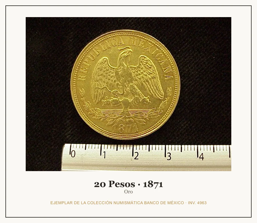 20 Pesos · 1871 — Ejemplar de la Colección Numismática Banco de México, inv. 4963