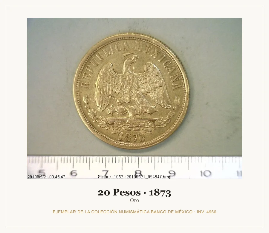 20 Pesos · 1873 — Ejemplar de la Colección Numismática Banco de México, inv. 4966