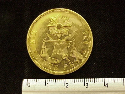 20 Pesos Oro · Troquel sobrepuesto en fecha, número 4/2 · 1874